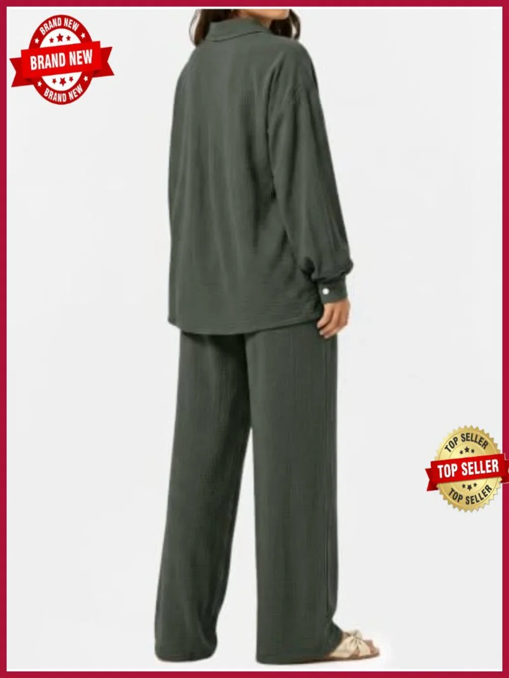 2 Piece Linen-feel Cotton Lounge Set Oversized Wide Leg Pants Pocket Travel